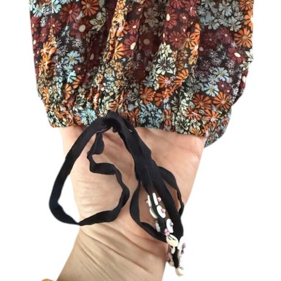 Free People Square Neck Smocked Puff Sleeve Floral Crop Top In Dark Combo Lr NWT - Picture 9 of 16